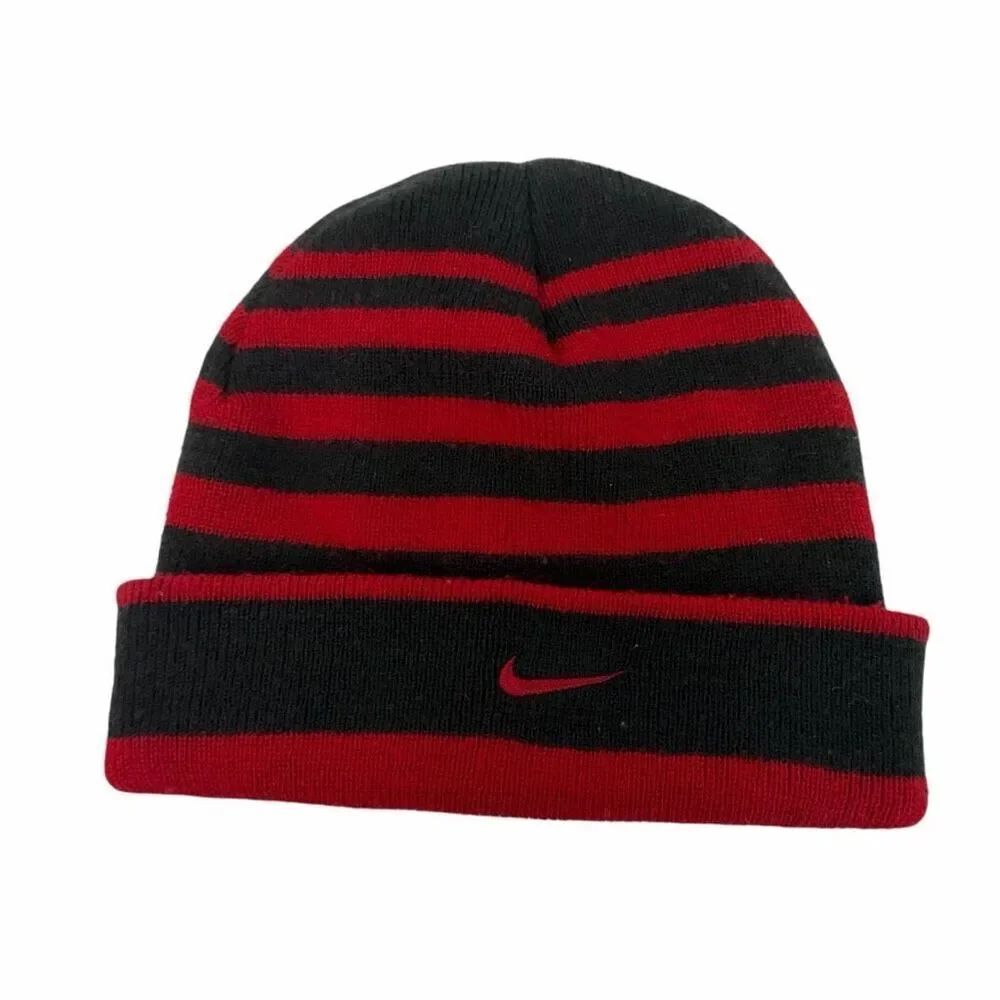 Nike Kids Boys Black Red Striped Cap Ribbed Cuffed Winter Beanie O/S
